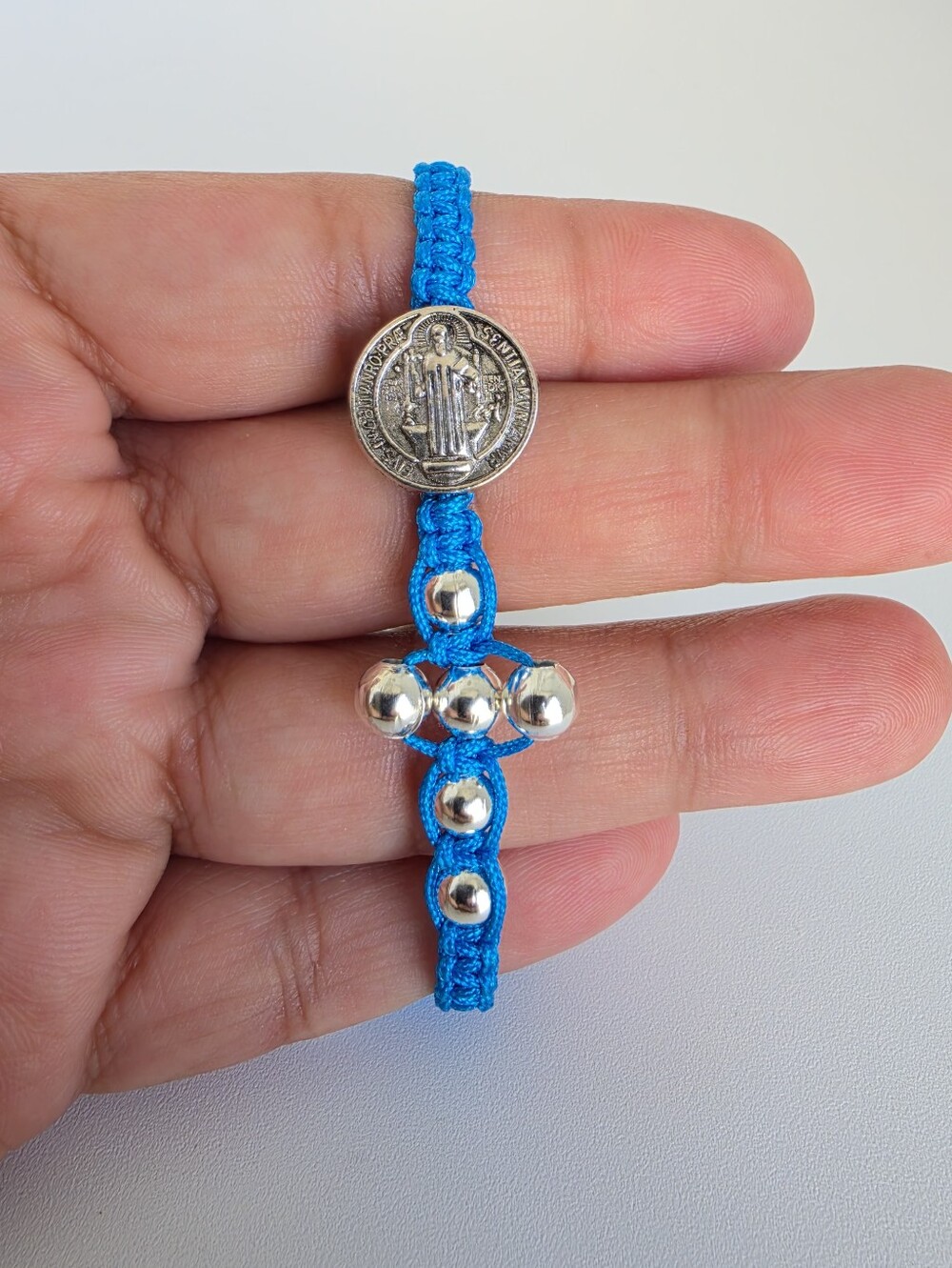 Handmade St. Benedict Blue Adjustable Cord Bracelet Silver Cross Catholic